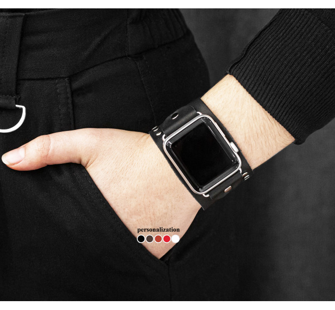 wide stud Leather cuff band compatible with Apple watch 38mm 40mm 41mm 42mm 44mm 45mm 49mm, Handmade UA code 1071