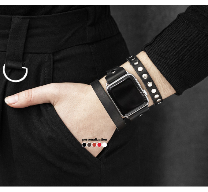 wide stud Leather cuff band compatible with Apple watch 38mm 40mm 41mm 42mm 44mm 45mm 49mm, Handmade UA code 1080