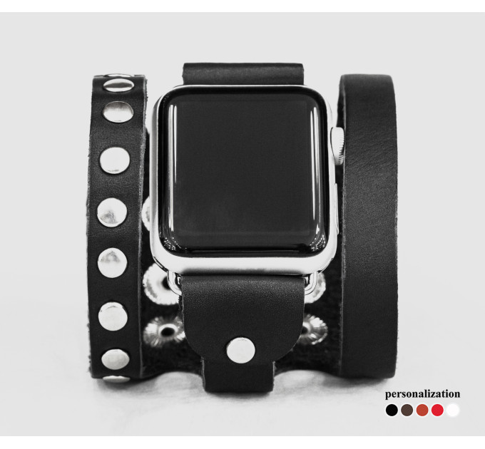 wide stud Leather cuff band compatible with Apple watch 38mm 40mm 41mm 42mm 44mm 45mm 49mm, Handmade UA code 1080