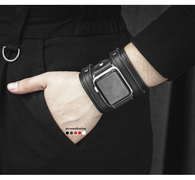 wide Leather cuff band compatible with Apple watch 38mm 40mm 41mm 42mm 44mm 45mm 49mm, Handmade UA code 1715st