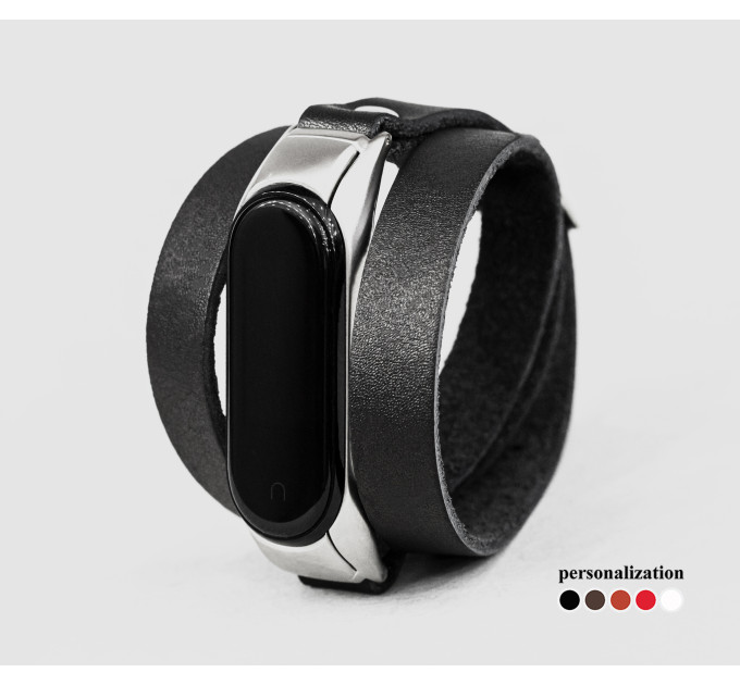 Leather double wrap band compatible with fitness watch Xiaomi Mi Band 3, 4, 5, 6 and 7 series, for men or women, Handmade UA code 2970