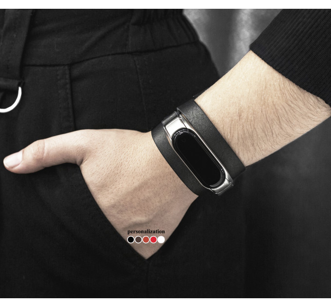 Leather double wrap band compatible with fitness watch Xiaomi Mi Band 3, 4, 5, 6 and 7 series, for men or women, Handmade UA code 2970