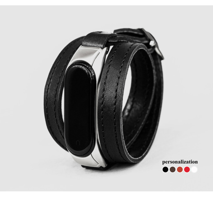 Leather double wrap band compatible with fitness watch Xiaomi Mi Band 3, 4, 5, 6 and 7 series, for men or women, Handmade UA code 2970st