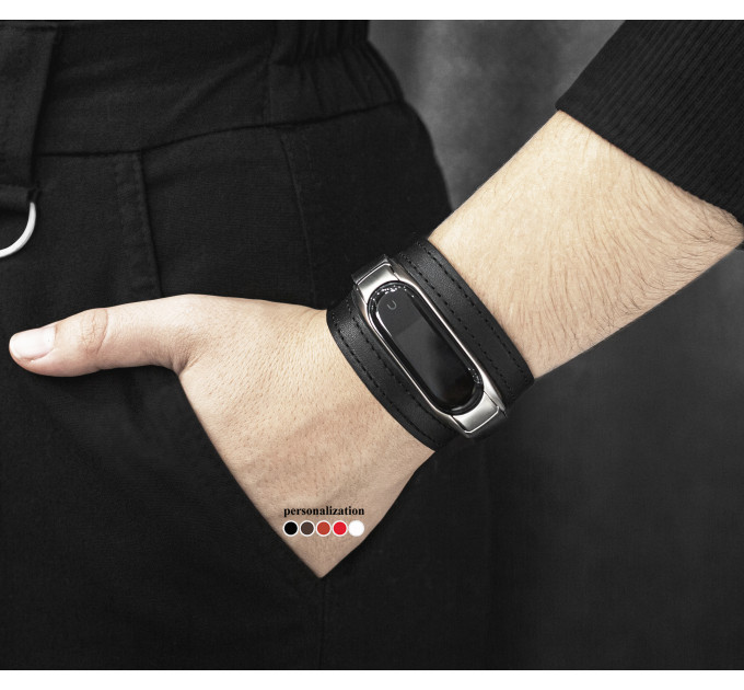 Leather double wrap band compatible with fitness watch Xiaomi Mi Band 3, 4, 5, 6 and 7 series, for men or women, Handmade UA code 2970st