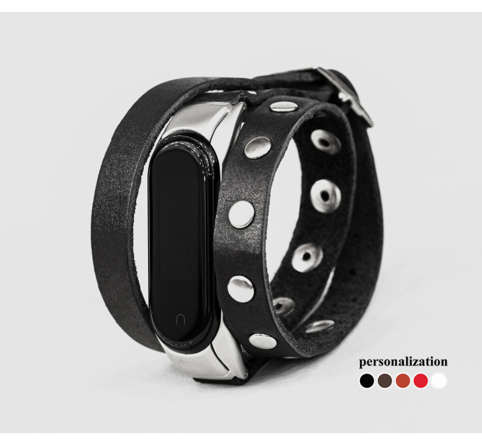 Leather double wrap band compatible with fitness watch Xiaomi Mi Band 3, 4, 5, 6 and 7 series, for men or women, Handmade UA code 2971