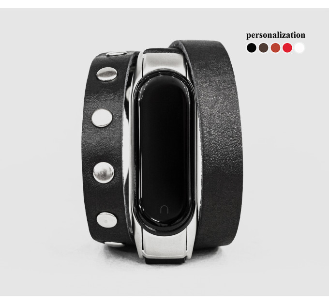 Leather double wrap band compatible with fitness watch Xiaomi Mi Band 3, 4, 5, 6 and 7 series, for men or women, Handmade UA code 2971