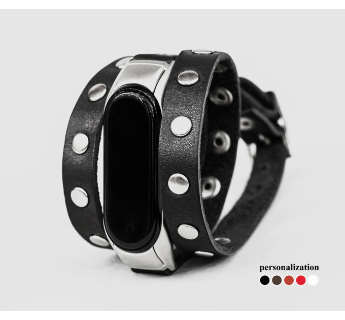 Leather double wrap band compatible with fitness watch Xiaomi Mi Band 3, 4, 5, 6 and 7 series, for men or women, Handmade UA code 2972