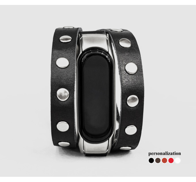 Leather double wrap band compatible with fitness watch Xiaomi Mi Band 3, 4, 5, 6 and 7 series, for men or women, Handmade UA code 2972