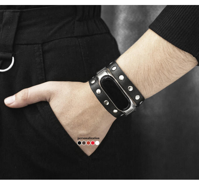 Leather double wrap band compatible with fitness watch Xiaomi Mi Band 3, 4, 5, 6 and 7 series, for men or women, Handmade UA code 2972