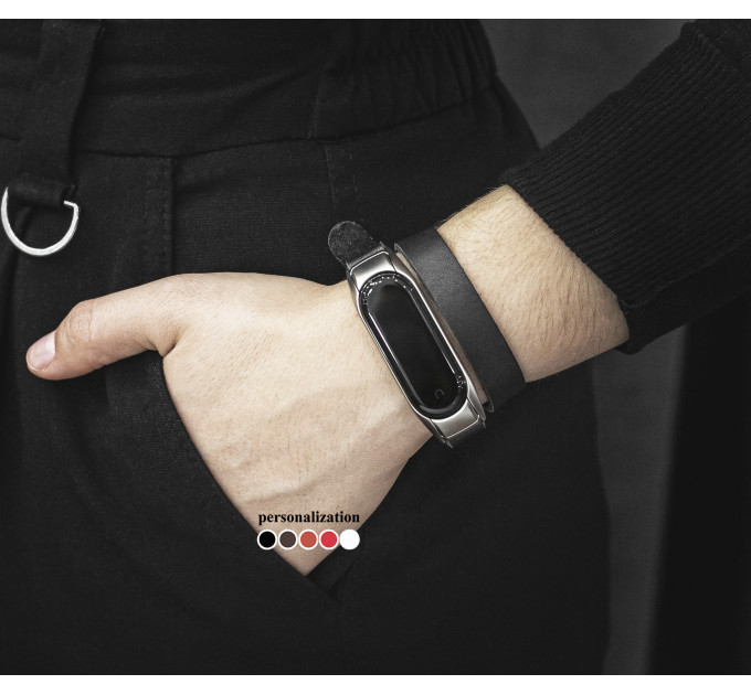 Leather double wrap band compatible with fitness watch Xiaomi Mi Band 3, 4, 5, 6 and 7 series, for men or women, Handmade UA code 2981